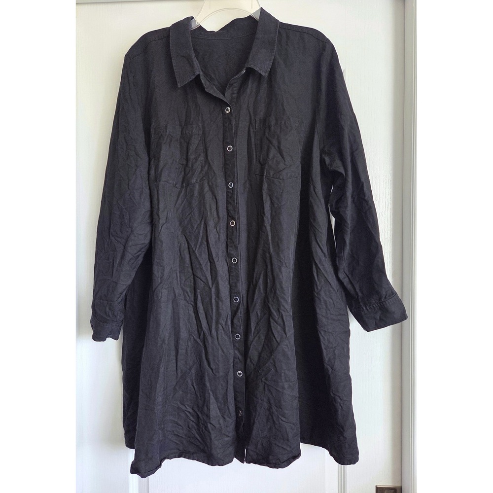Eileen Fisher Black Tencel Linen Button Shirt Dress Long Sleeve Pockets Sz 2X
